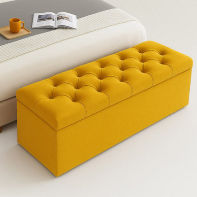  - 120Cm Chesterfield Ottoman Storage BoxMustard Gold Plush Velvet Upholstered Blanket BoxEnd Of Bed BenchDeep Storage Chest