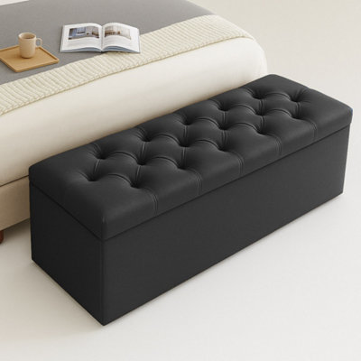  - 120Cm Chesterfield Ottoman Storage BoxBlack Plush Velvet Upholstered Blanket BoxEnd Of Bed BenchDeep Storage Chest