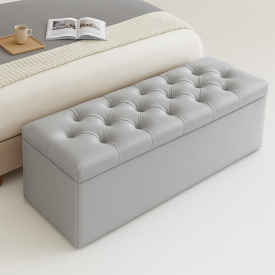  - 137Cm Chesterfield Ottoman Storage BoxSilver Plush Velvet Upholstered Blanket BoxEnd Of Bed BenchDeep Storage Chest