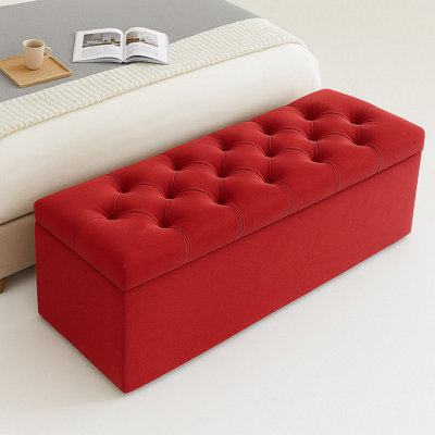  - 137Cm Chesterfield Ottoman Storage BoxRed Plush Velvet Upholstered Blanket BoxEnd Of Bed BenchDeep Storage Chest