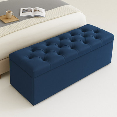  - 150Cm Chesterfield Ottoman Storage BoxSapphire Blue Plush Velvet Upholstered Blanket BoxEnd Of Bed BenchDeep Storage Chest
