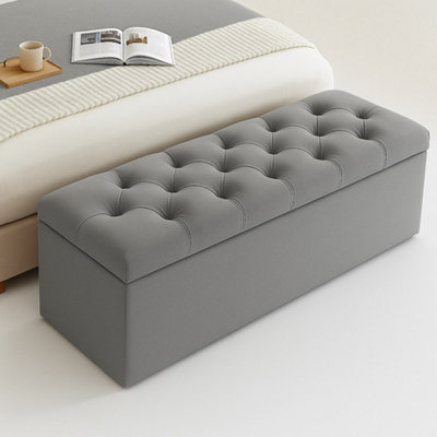  - 150Cm Chesterfield Ottoman Storage BoxGrey Plush Velvet Upholstered Blanket BoxEnd Of Bed BenchDeep Storage Chest