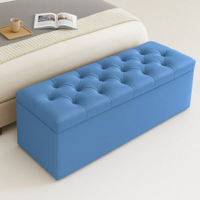  - 150Cm Chesterfield Ottoman Storage BoxDuck Egg Plush Velvet Upholstered Blanket BoxEnd Of Bed BenchDeep Storage Chest
