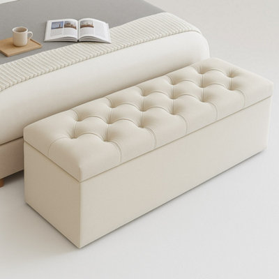  - 180Cm Chesterfield Ottoman Storage BoxCream Plush Velvet Upholstered Blanket BoxEnd Of Bed BenchDeep Storage Chest