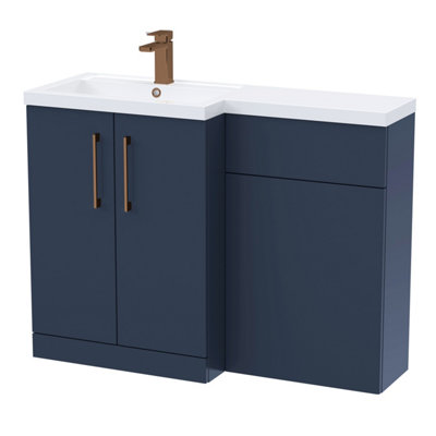 Balterley Left-Hand Bathroom Vanity And Wc Unit Combination With Basin1100mmSatin Dark Blue With Brushed Bronze Handles from B&Q