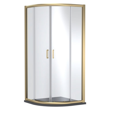 B&Q -  Quadrant Shower Enclosure With 6mm Safety Glass & 900 X 900mm Resin Tray In Brushed Brass FrameGrey Finish