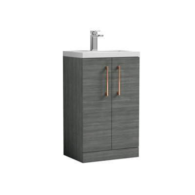 Balterley Bramshall Compact Bathroom Cloakroom Vanity Basin Unit With Polymarble BasinCopper Handles500mmWoodgrain Grey from B&Q