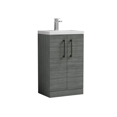 Balterley Bramshall Compact Bathroom Cloakroom Vanity Basin Unit With Ceramic BasinBlack Handles500mmWoodgrain Grey from B&Q