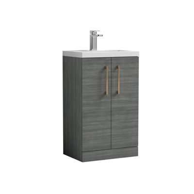 Balterley Bramshall Compact Bathroom Cloakroom Vanity Basin Unit With Ceramic BasinBrushed Bronze Handles500mmWoodgrain Grey from B&Q