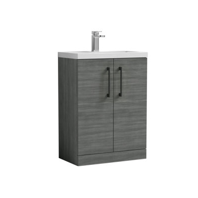 Balterley Bramshall Compact Bathroom Cloakroom Vanity Basin Unit With Polymarble BasinBlack Handles600mmWoodgrain Grey from B&Q