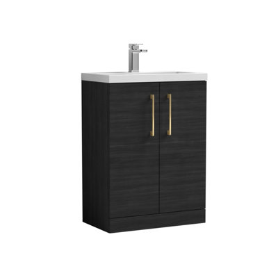 Balterley Bramshall Compact Bathroom Cloakroom Vanity Basin Unit With Ceramic BasinBrushed Brass Handles600mmWoodgrain Black from B&Q