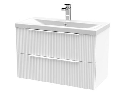 B&Q -  Fluted Wall Hung 2 Drawer Vanity Basin Unit With Double Polymarble Basin 800mmSatin White
