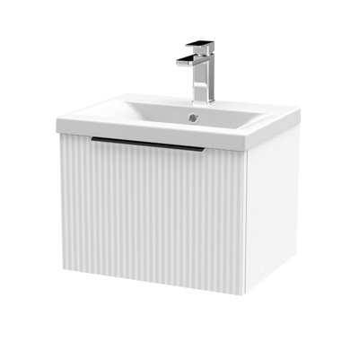 Balterley Contemporary Fluted Front Wall Hung Single Drawer Bathroom Vanity Unit With 1 Tap Hole Basin500mmSatin WhiteBlack Handles from B&Q