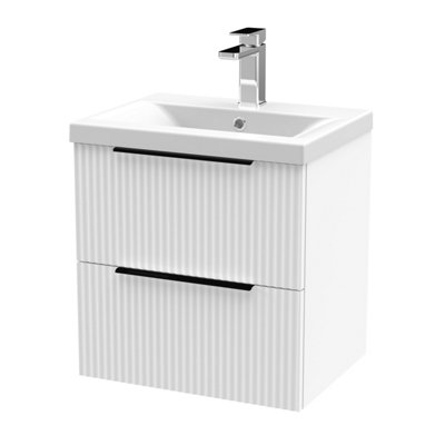Balterley Contemporary Fluted Front Wall Hung 2-Drawer Bathroom Vanity Unit With 1 Tap Hole Basin500mmSatin WhiteBlack Handles from B&Q