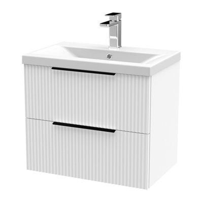 Balterley Fluted Front Wall Hung 2-Drawer Bathroom Vanity Unit With 1 Tap Hole Basin600mmSatin WhiteBlack Handles from B&Q