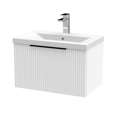 Balterley Fluted Front Wall Hung 1-Drawer Bathroom Vanity Unit With 1 Tap Hole Basin600mmSatin WhiteBlack Handles from B&Q