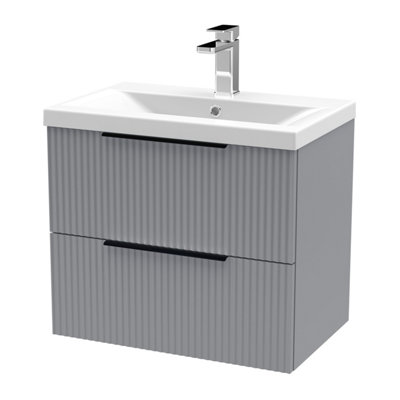 Balterley Fluted Front Wall Hung 2-Drawer Bathroom Vanity Unit With 1 Tap Hole Basin600mmSatin GreyBlack Handles from B&Q