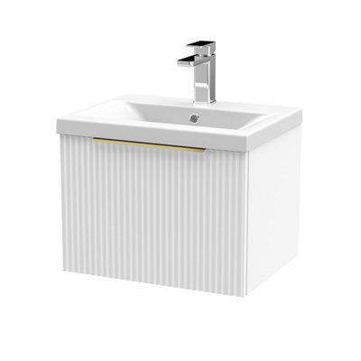 Balterley Fluted Front Wall Hung Single Drawer Bathroom Vanity Unit With 1 Tap Hole Basin500mmSatin WhiteBrushed Brass Handles from B&Q