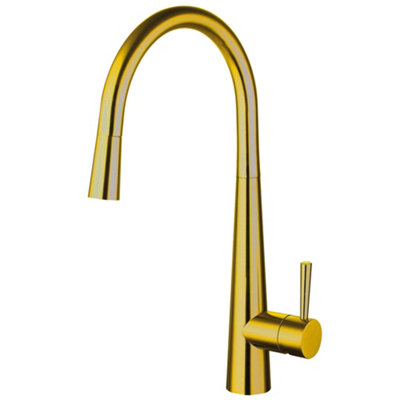 Balterley Contemporary Pull Out Single Lever Kitchen Mixer Tap With Rounded Swivel Spout & Brushed Gold Finish from B&Q