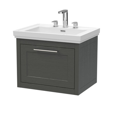 Balterley Blithbury Traditional Bathroom Wall Hung 1 Drawer Vanity Unit And 3 Tap Hole Fireclay Basin600mmWoodgrain Dark Grey from B&Q