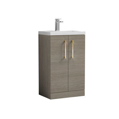 Balterley Bramshall Compact Bathroom Cloakroom Vanity Basin Unit With Polymarble BasinBrushed Brass Handles500mmMid Oak from B&Q