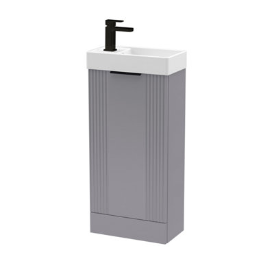 B&Q -  Grey 400mm Floor Standing Cloakroom Vanity Basin Unit With Black Handle Compact Bathroom Storage