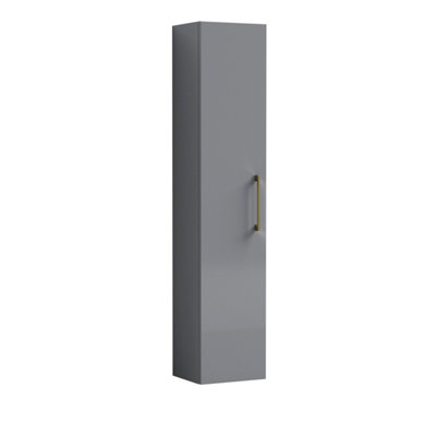 B&Q -  Bramshall Modern Bathroom 1 Soft Close Door Wall Hung Tall Storage UnitSatin Grey With Brushed Brass Handle300 mm