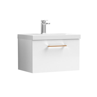 Balterley 600mm Wall Hung Bathroom 1 Drawer Vanity Unit And 1 Tap Hole Ceramic BasinGloss White With Copper Handle from B&Q