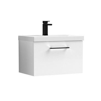 Balterley 600mm Wall Hung Bathroom 1 Drawer Vanity Unit And 1 Tap Hole Ceramic BasinGloss White With Black Handle from B&Q