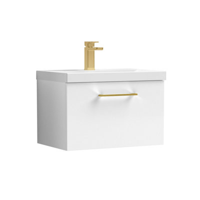 Balterley 600mm Wall Hung Bathroom 1 Drawer Vanity Unit And 1 Tap Hole Ceramic BasinGloss White With Brushed Brass Handle from B&Q