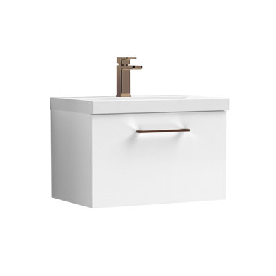 Balterley 600mm Wall Hung Bathroom 1 Drawer Vanity Unit And 1 Tap Hole Ceramic BasinGloss White With Brushed Bronze Handle from B&Q