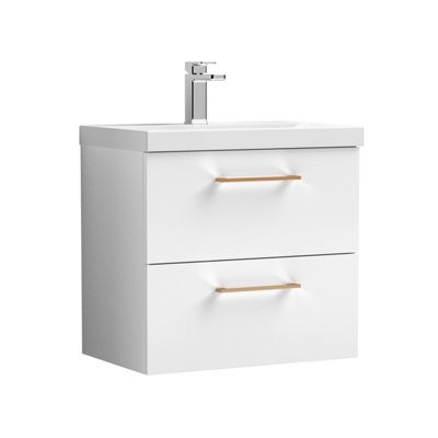 Balterley 600mm Wall Hung Bathroom 2 Drawer Vanity Unit And 1 Tap Hole Ceramic BasinGloss White With Copper Handles from B&Q
