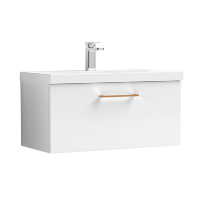 Balterley 800mm Wall Hung Bathroom 1 Drawer Vanity Unit And 1 Tap Hole Ceramic BasinGloss White With Copper Handle from B&Q