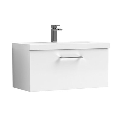 B&Q -  800mm Wall Hung Bathroom 1 Drawer Vanity Unit And 1 Tap Hole Ceramic BasinGloss White With Brushed Pewter Handle