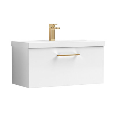 Balterley 800mm Wall Hung Bathroom 1 Drawer Vanity Unit And 1 Tap Hole Ceramic BasinGloss White With Brushed Bronze Handle from B&Q