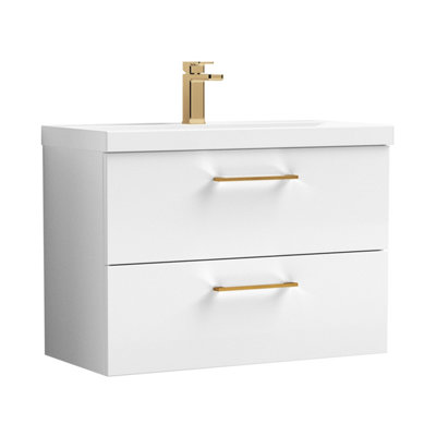 Balterley 800mm Wall Hung Bathroom 2 Drawer Vanity Unit And 1 Tap Hole Ceramic BasinGloss White With Brushed Bronze Handles from B&Q