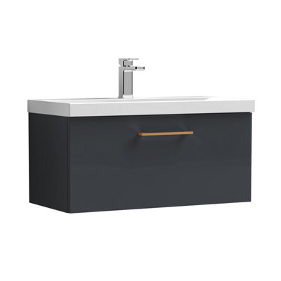 Balterley 800mm Wall Hung Bathroom 1 Drawer Vanity Unit And 1 Tap Hole Ceramic BasinSatin Dark Grey With Copper Handle from B&Q