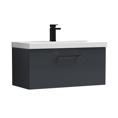 Balterley 800mm Wall Hung Bathroom 1 Drawer Vanity Unit And 1 Tap Hole Ceramic BasinSatin Dark Grey With Black Handle from B&Q
