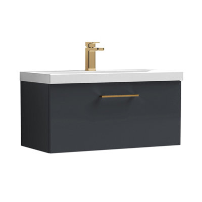 Balterley 800mm Wall Hung Bathroom 1 Drawer Vanity Unit And 1 Tap Hole Ceramic BasinSatin Dark Grey With Brushed Bronze Handle from B&Q