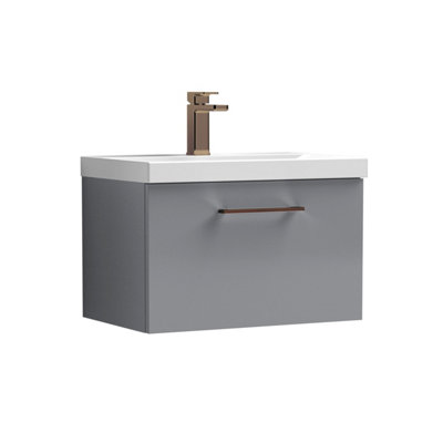 Balterley 600mm Wall Hung Bathroom 1 Drawer Vanity Unit And 1 Tap Hole Ceramic BasinSatin Grey With Brushed Bronze Handle from B&Q