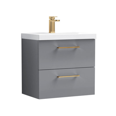 Balterley 600mm Wall Hung Bathroom 2 Drawer Vanity Unit And 1 Tap Hole Ceramic BasinSatin Grey With Brushed Bronze Handles from B&Q
