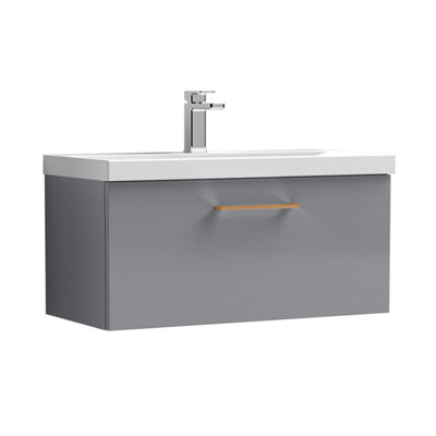 Balterley 800mm Wall Hung Bathroom 1 Drawer Vanity Unit And 1 Tap Hole Ceramic BasinSatin Grey With Copper Handle from B&Q