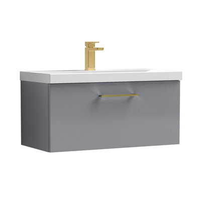 Balterley 800mm Wall Hung Bathroom 1 Drawer Vanity Unit And 1 Tap Hole Ceramic BasinSatin Grey With Brushed Brass Handle from B&Q