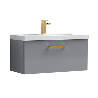 Balterley 800mm Wall Hung Bathroom 1 Drawer Vanity Unit And 1 Tap Hole Ceramic BasinSatin Grey With Brushed Bronze Handle from B&Q