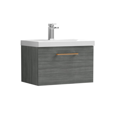 Balterley 600mm Wall Hung Bathroom 1 Drawer Vanity Unit And 1 Tap Hole Ceramic BasinWoodgrain Anthracite With Copper Handle from B&Q