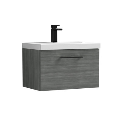 Balterley 600mm Wall Hung Bathroom 1 Drawer Vanity Unit And 1 Tap Hole Ceramic BasinWoodgrain Anthracite With Black Handle from B&Q