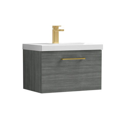 Balterley 600mm Wall Hung Bathroom 1 Drawer Vanity Unit & 1 Tap Hole Ceramic BasinWoodgrain Anthracite & Brushed Brass Handle from B&Q