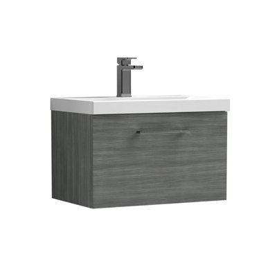 Balterley 600mm Wall Hung Bathroom 1 Drawer Vanity Unit & 1 Tap Hole Ceramic BasinWoodgrain Anthracite & Brushed Pewter Handle from B&Q