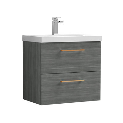 Balterley 600mm Wall Hung Bathroom 2 Drawer Vanity Unit And 1 Tap Hole Ceramic BasinWoodgrain Anthracite With Copper Handles from B&Q