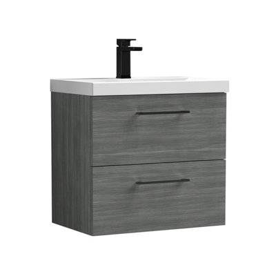 Balterley 600mm Wall Hung Bathroom 2 Drawer Vanity Unit And 1 Tap Hole Ceramic BasinWoodgrain Anthracite With Black Handles from B&Q